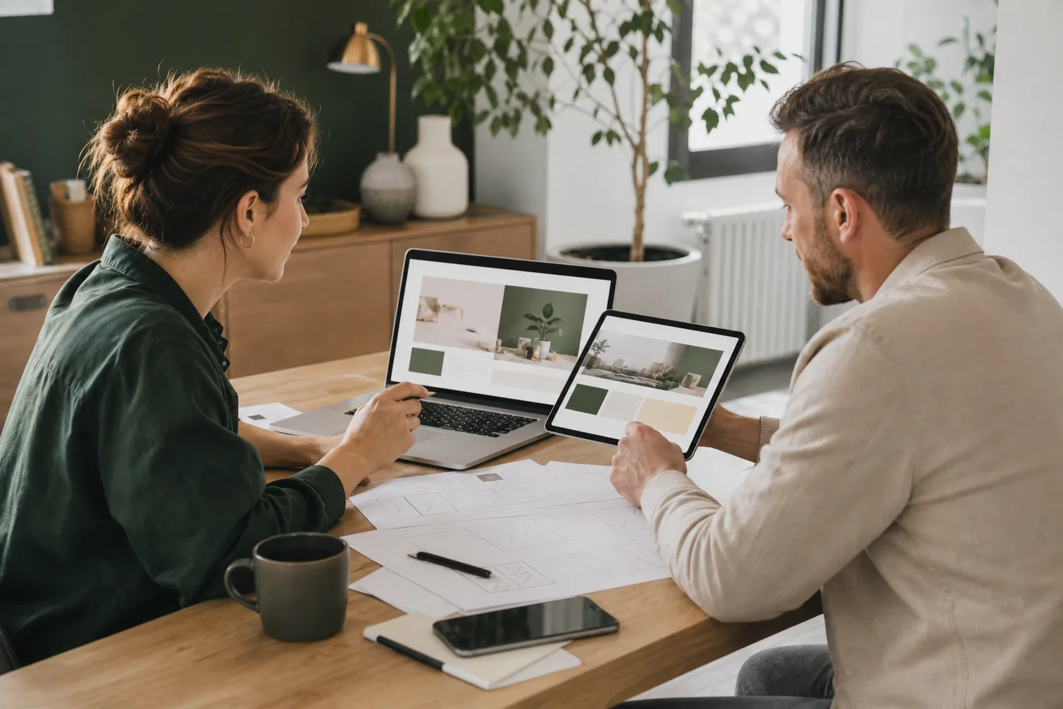 Kleinunternehmer und Webdesigner besprechen in einem hellen Studio einen professionellen Website-Entwurf auf Laptop und Tablet.